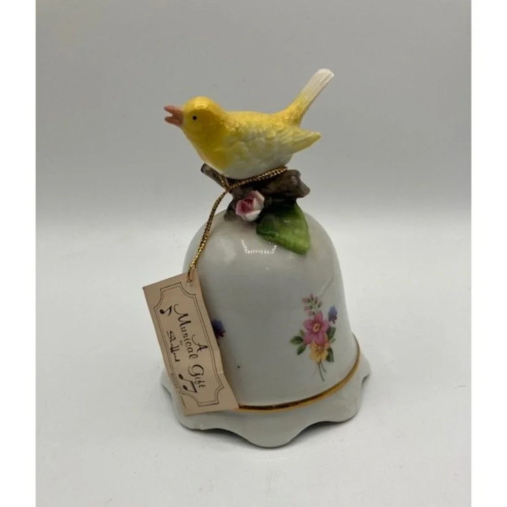 Music Box Porcelain Bell Yellow Bird Figurine‎ Floral Design Decor Made in Japan